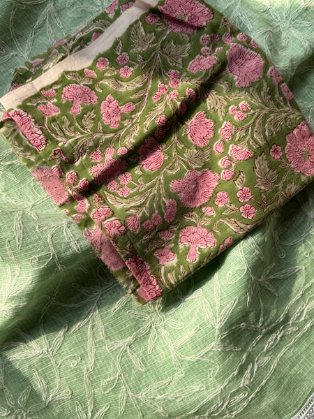 Chikankari Tepchi Hand Embroidered Kota Cotton Saree -Mint Green