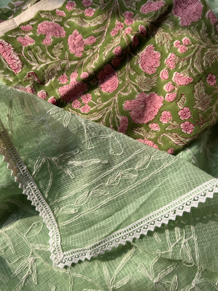 Chikankari Tepchi Hand Embroidered Kota Cotton Saree -Mint Green