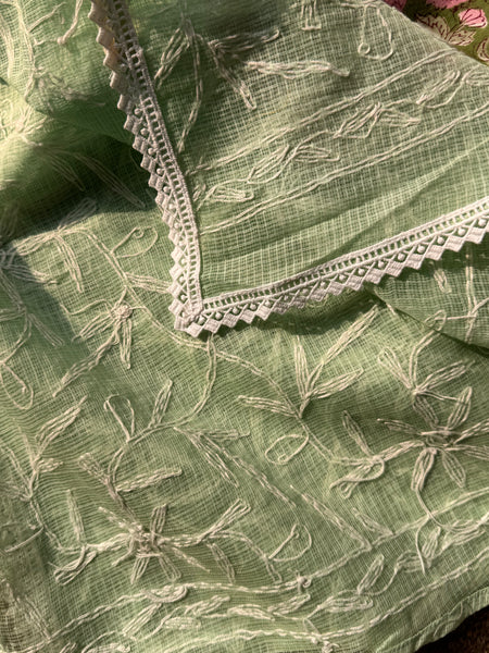Chikankari Tepchi Hand Embroidered Kota Cotton Saree -Mint Green