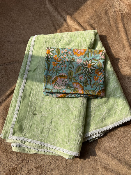 Chikankari Tepchi Hand Embroidered Kota Cotton Saree -Mint Green