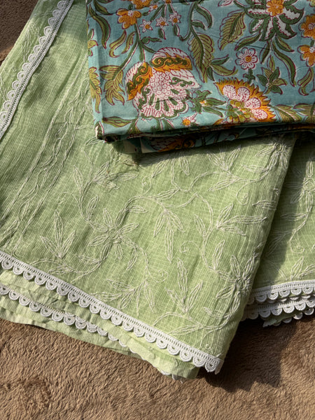 Chikankari Tepchi Hand Embroidered Kota Cotton Saree -Mint Green