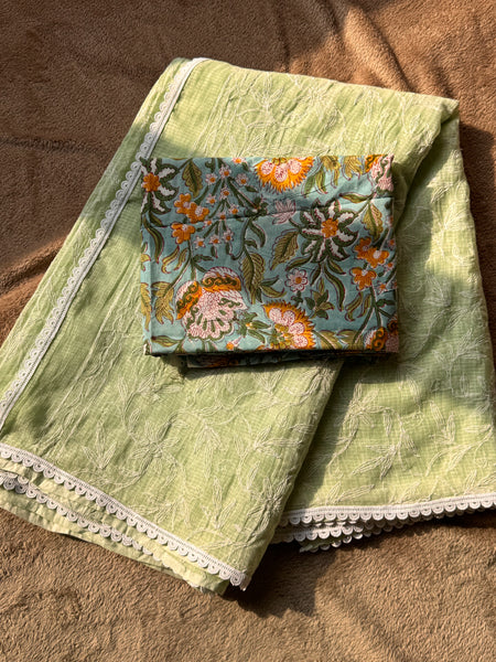 Chikankari Tepchi Hand Embroidered Kota Cotton Saree -Mint Green