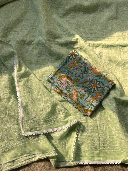 Chikankari Tepchi Hand Embroidered Kota Cotton Saree -Mint Green