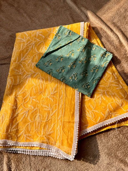 Chikankari Tepchi Hand Embroidered Kota Cotton Saree - sunrise yellow