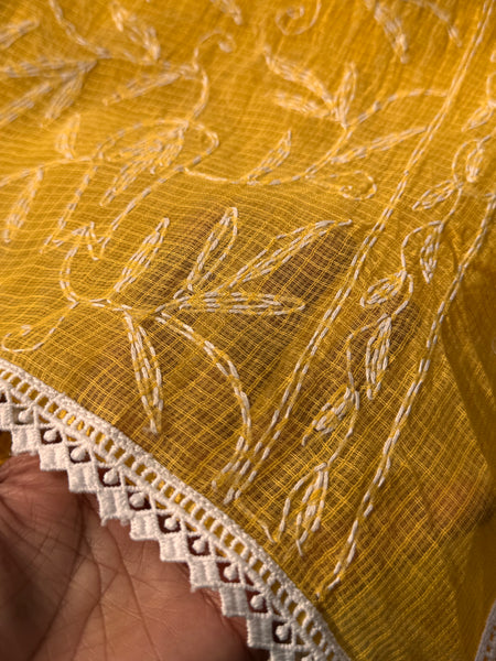 Chikankari Tepchi Hand Embroidered Kota Cotton Saree - sunrise yellow