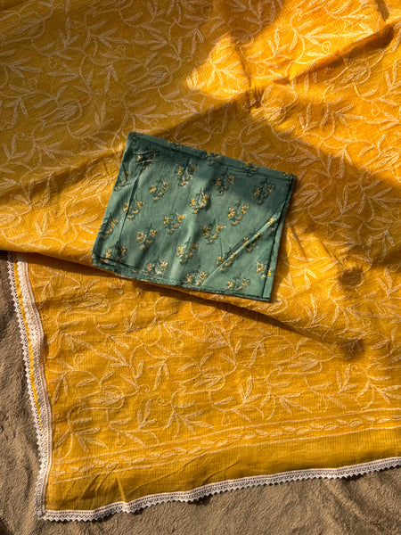 Chikankari Tepchi Hand Embroidered Kota Cotton Saree - sunrise yellow