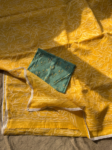 Chikankari Tepchi Hand Embroidered Kota Cotton Saree - sunrise yellow