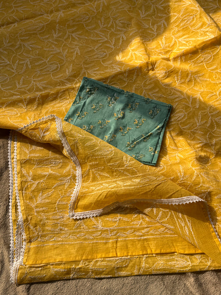 Chikankari Tepchi Hand Embroidered Kota Cotton Saree - sunrise yellow