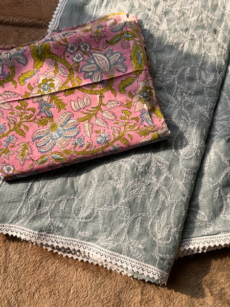 Chikankari Tepchi Hand Embroidered Kota Cotton Saree - Grey