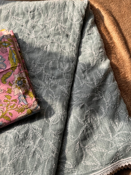 Chikankari Tepchi Hand Embroidered Kota Cotton Saree - Grey