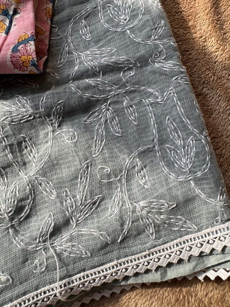 Chikankari Tepchi Hand Embroidered Kota Cotton Saree - Grey