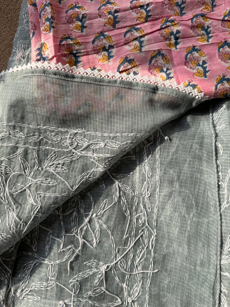 Chikankari Tepchi Hand Embroidered Kota Cotton Saree - Grey