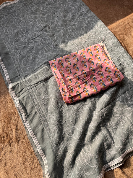 Chikankari Tepchi Hand Embroidered Kota Cotton Saree - Grey