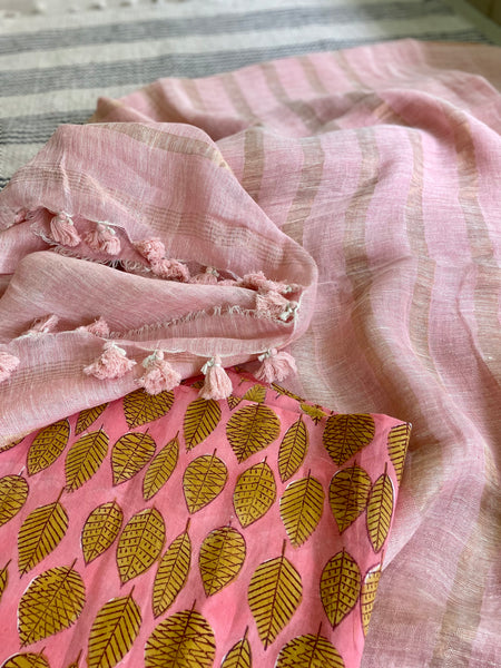 Handloom Linen rose pink saree