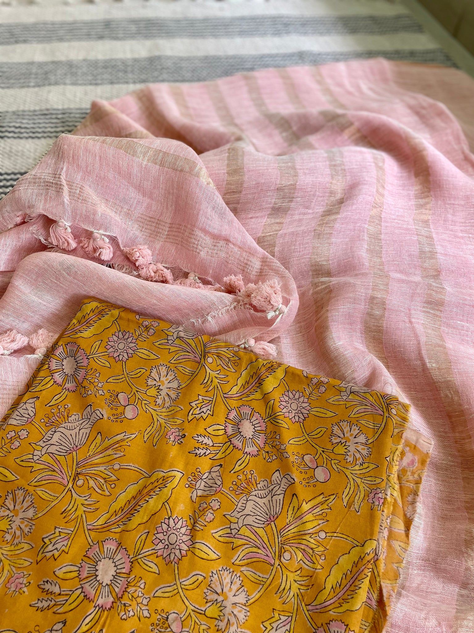 Handloom Linen rose pink saree