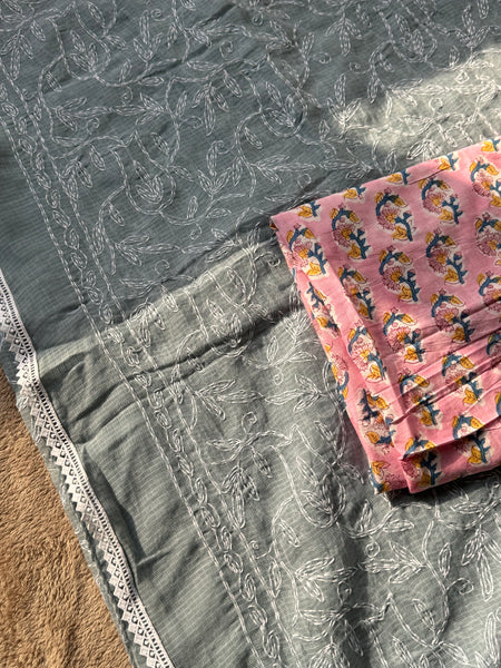 Chikankari Tepchi Hand Embroidered Kota Cotton Saree - Grey