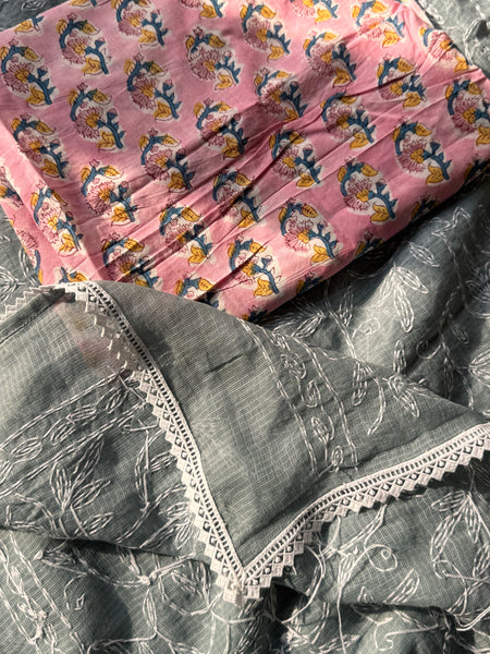 Chikankari Tepchi Hand Embroidered Kota Cotton Saree - Grey