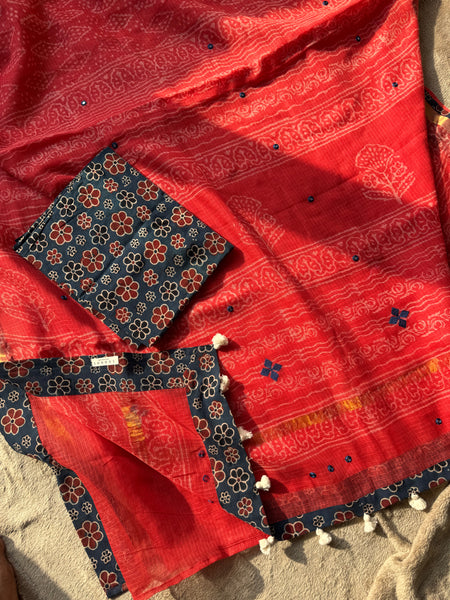 Best Seller - Embroidered pallu & inner side patchwork border- kota doria saree