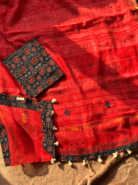 Best Seller - Embroidered pallu & inner side patchwork border- kota doria saree