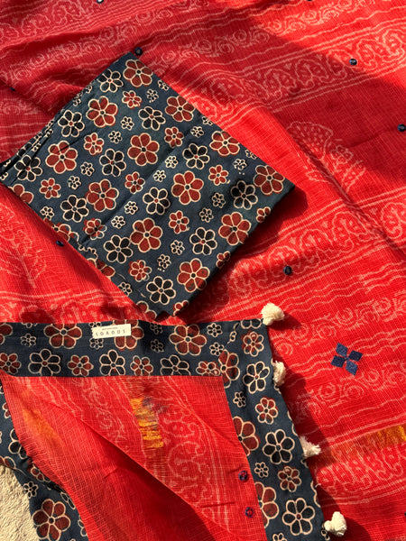 Best Seller - Embroidered pallu & inner side patchwork border- kota doria saree