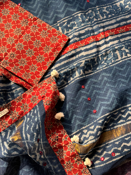 Best Seller Indigo -Embroidered pallu & patchwork inner border- kota doria saree - Floral border