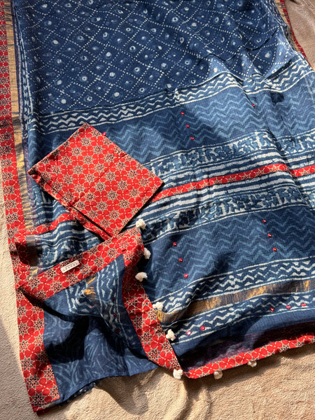 Best Seller Indigo -Embroidered pallu & patchwork inner border- kota doria saree - Floral border