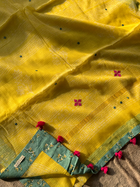 Best Seller -Embroidered pallu & patchwork inside border- kota doria saree