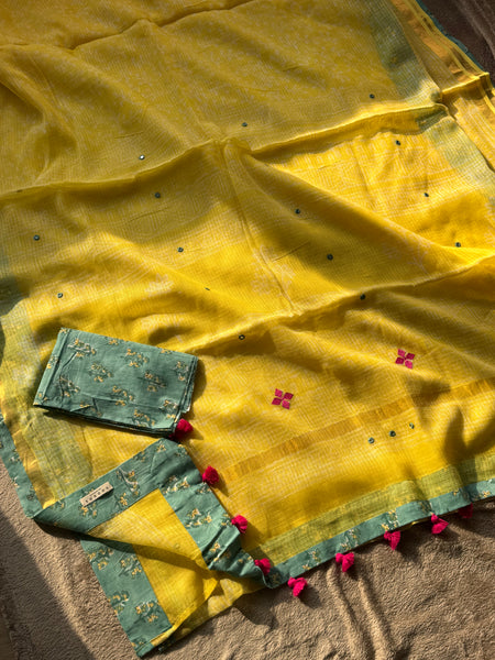 Best Seller -Embroidered pallu & patchwork inside border- kota doria saree