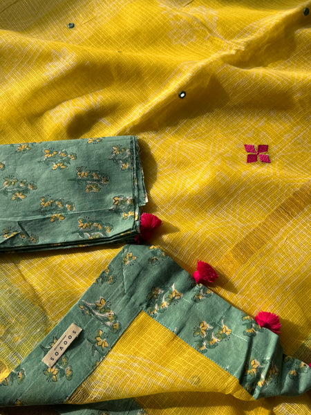 Best Seller -Embroidered pallu & patchwork inside border- kota doria saree