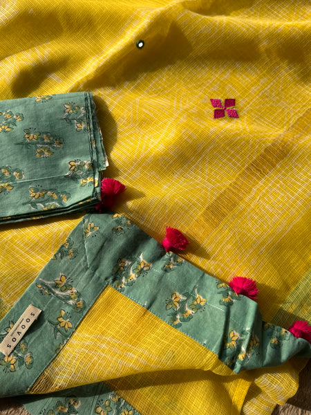 Best Seller -Embroidered pallu & patchwork inside border- kota doria saree