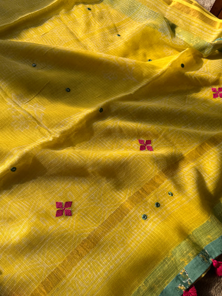 Best Seller -Embroidered pallu & patchwork inside border- kota doria saree