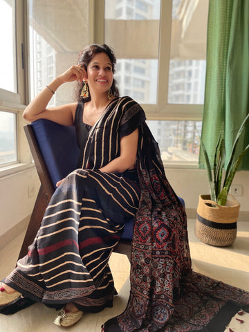 BEST SELLER - Ajrakh naturally dyed modal silk saree