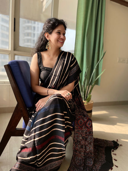 Exclusive Ajrakh naturally dyed modal silk saree