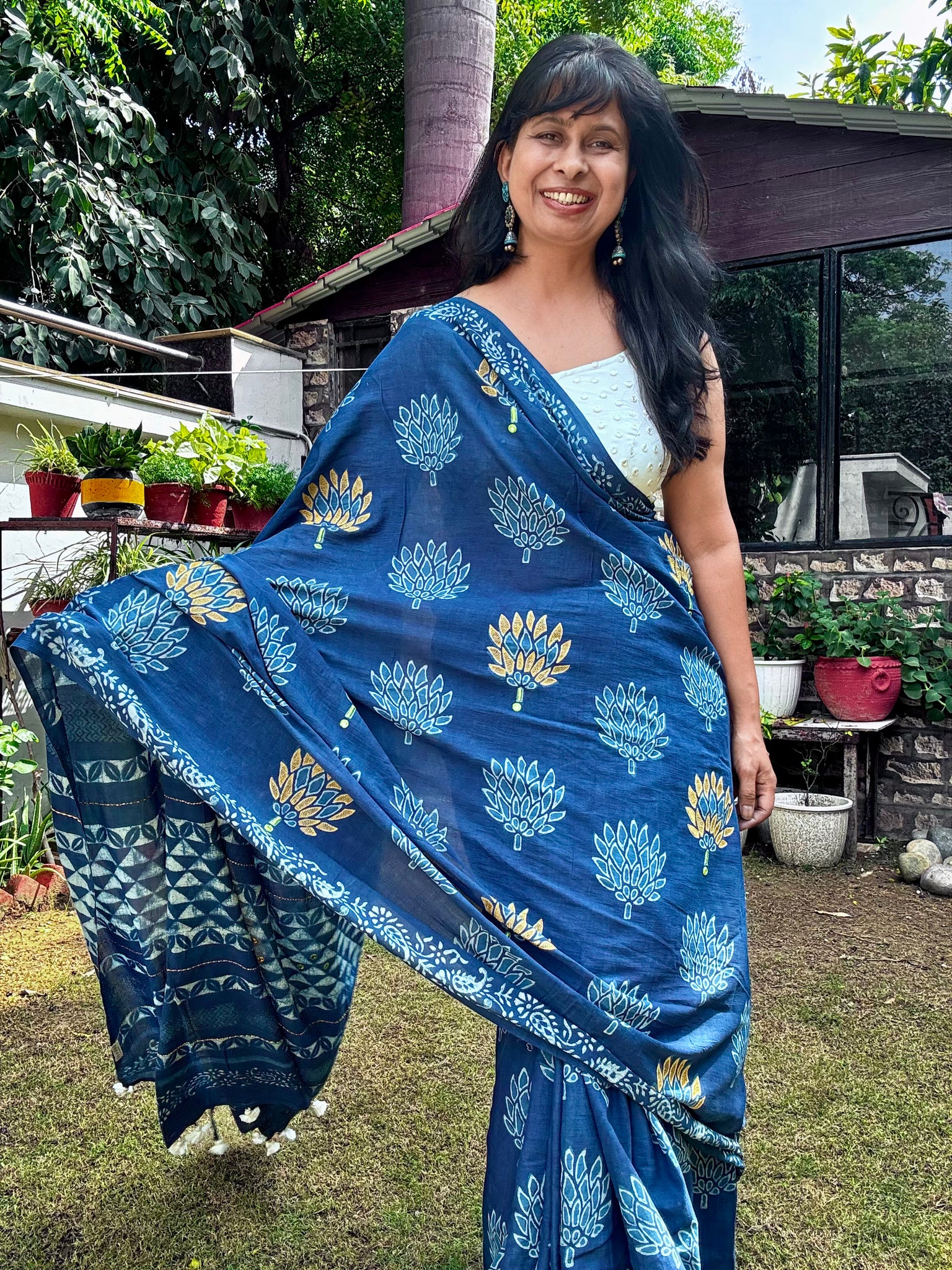 Embroidered pallu and front hand block printed cotton saree