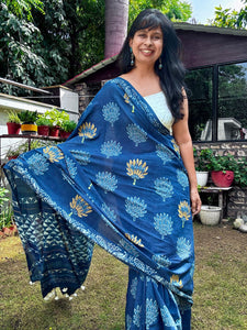 Embroidered pallu and front hand block printed cotton saree