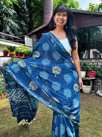 Embroidered pallu and front hand block printed cotton saree