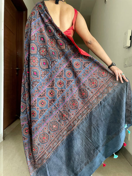 Ajrakh naturally dyed mangalgiri cotton saree with hand embroidery