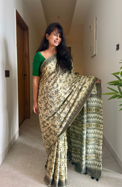 Parijat - Modal Silk Vanaspati handblock printed saree