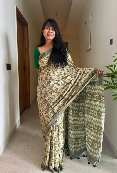 Parijat - Modal Silk Vanaspati handblock printed saree