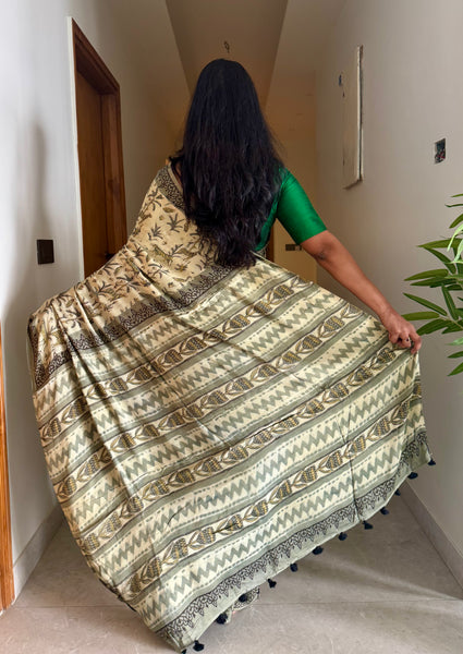 Parijat - Modal Silk Vanaspati handblock printed saree
