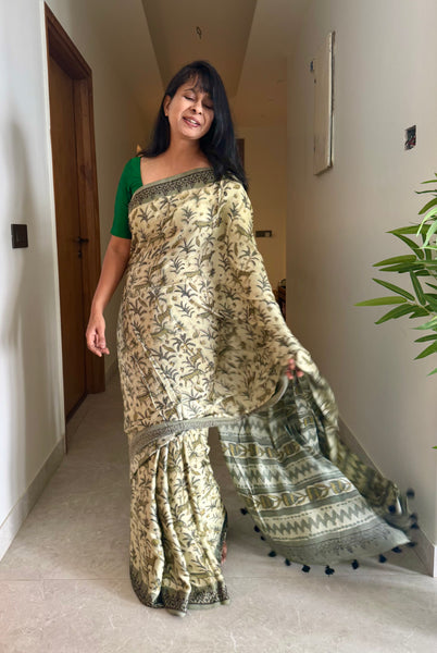 Parijat - Modal Silk Vanaspati handblock printed saree