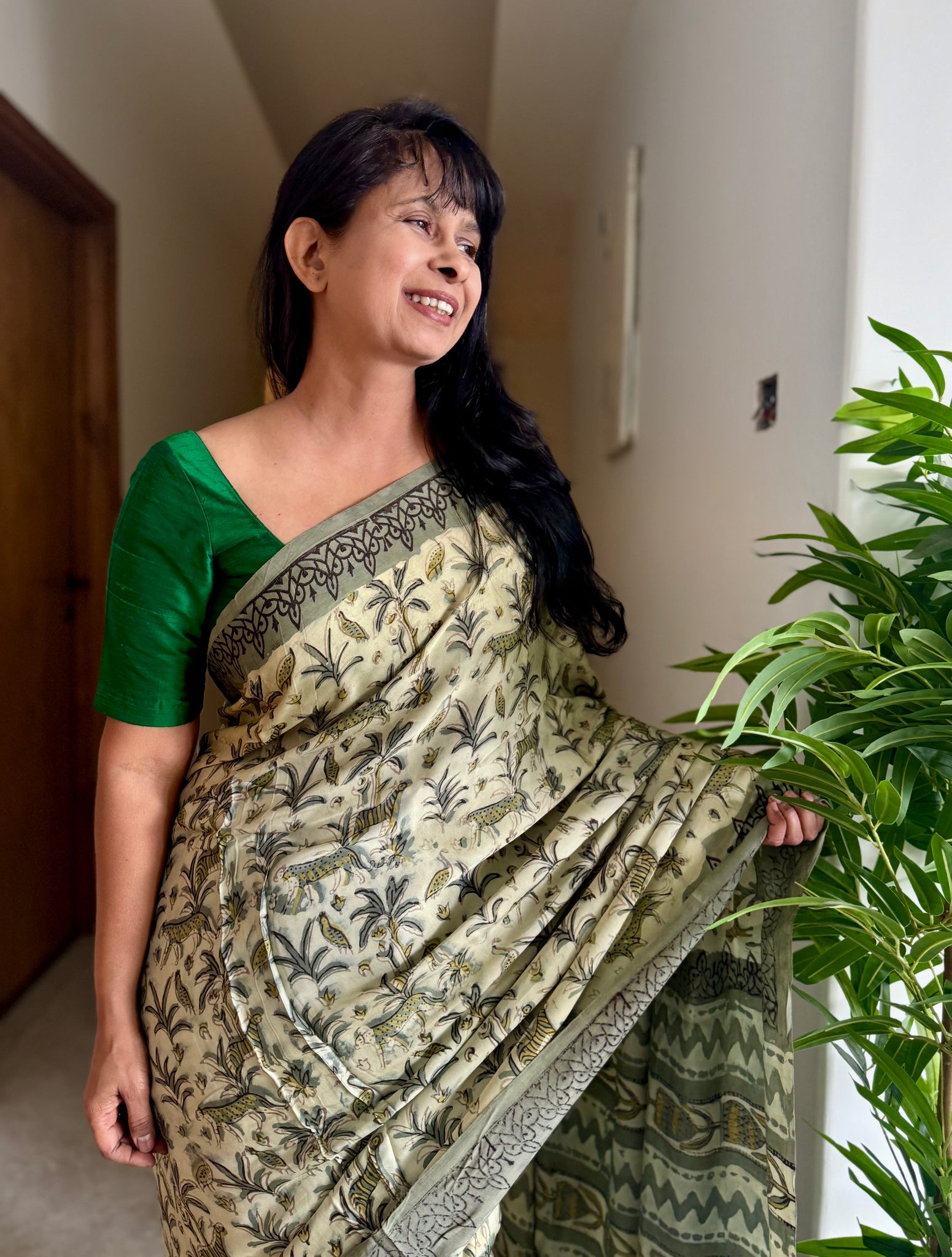 Parijat - Modal Silk Vanaspati handblock printed saree