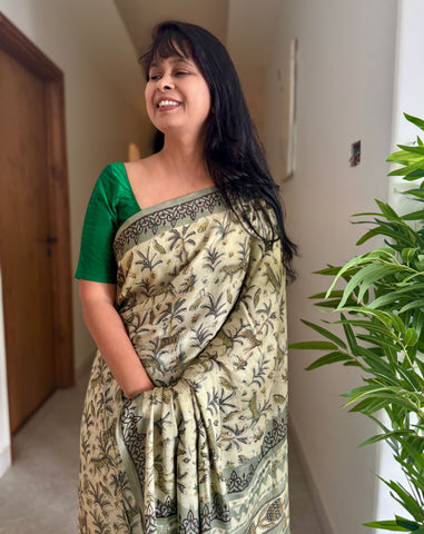 Parijat - Modal Silk Vanaspati handblock printed saree