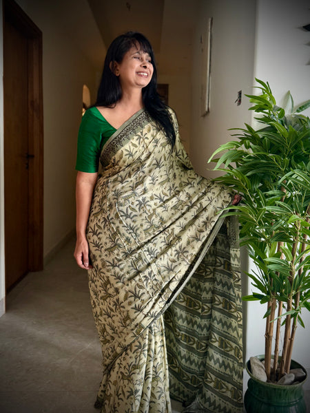 Parijat - Modal Silk Vanaspati handblock printed saree
