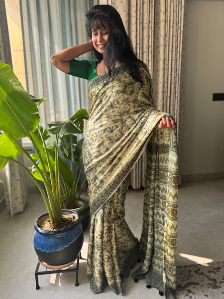 Parijat - Modal Silk Vanaspati handblock printed saree