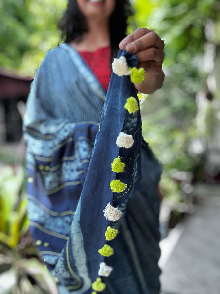 Embroidered Pallu hand block printed cotton saree