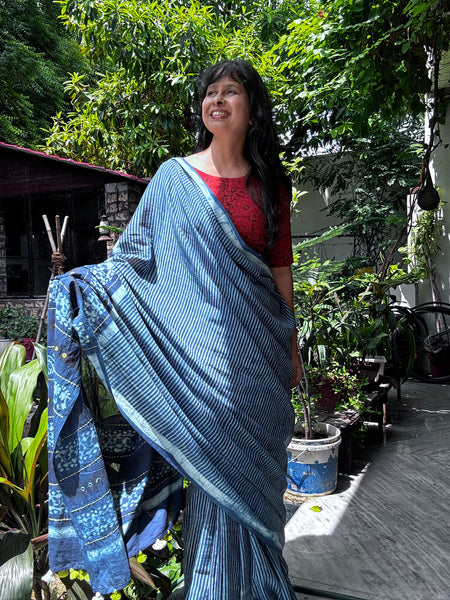 Embroidered Pallu hand block printed cotton saree