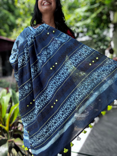 Embroidered Pallu hand block printed cotton saree