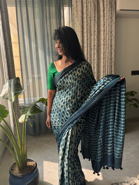 Pratigya - Modal Silk Vanaspati handblock printed saree