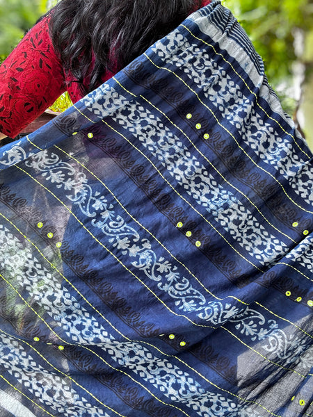 Embroidered Pallu hand block printed cotton saree
